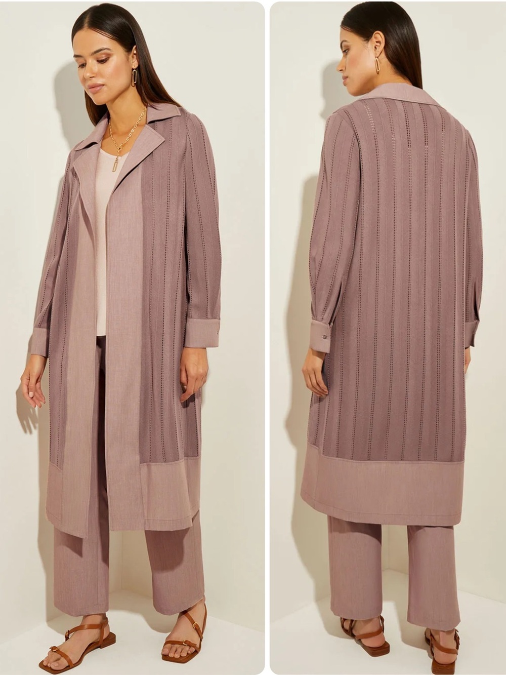 Misook Macchiato Twill Trim Lapel Collar Knit Duster Jacket Top NWT $478